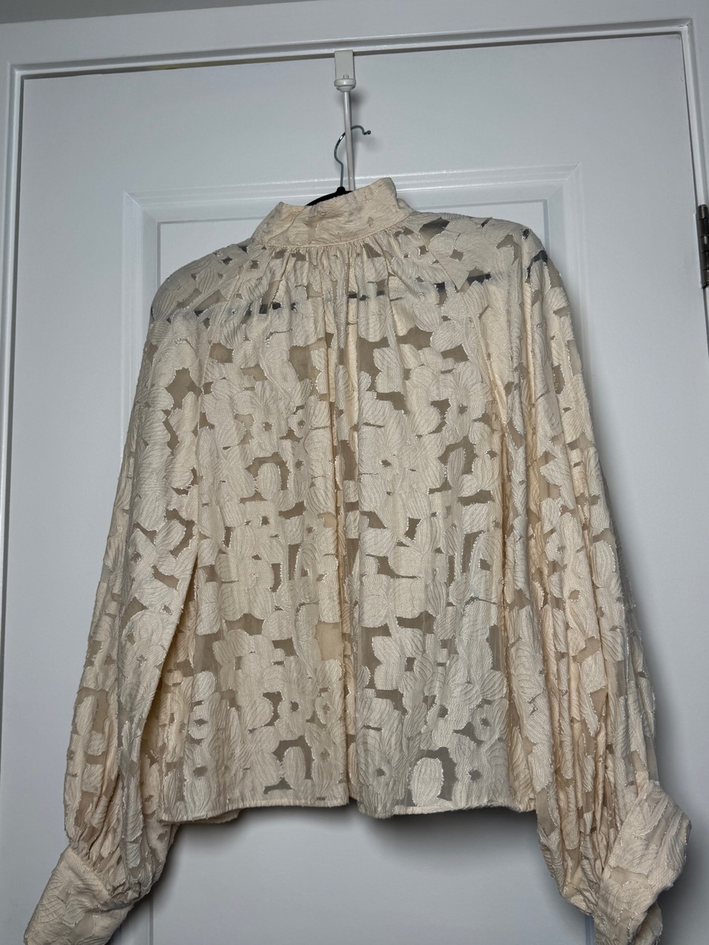 Beige Lace High-Neck Puff Sleeve Top